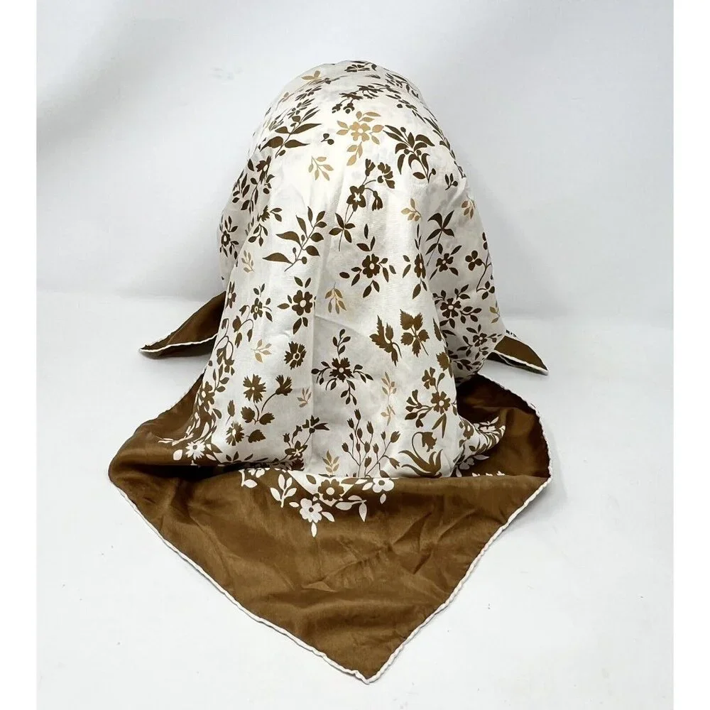 Melle Ricci Square Scarf 100% Silk Brown‎ Cream Gold Floral Bandanna 31